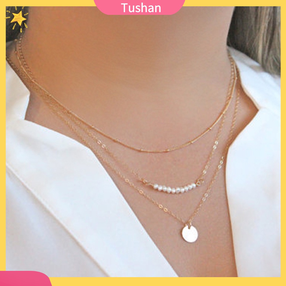 Dây chuyền ba lớp đính ngọc trai mặt tròn thời trang sang trọng