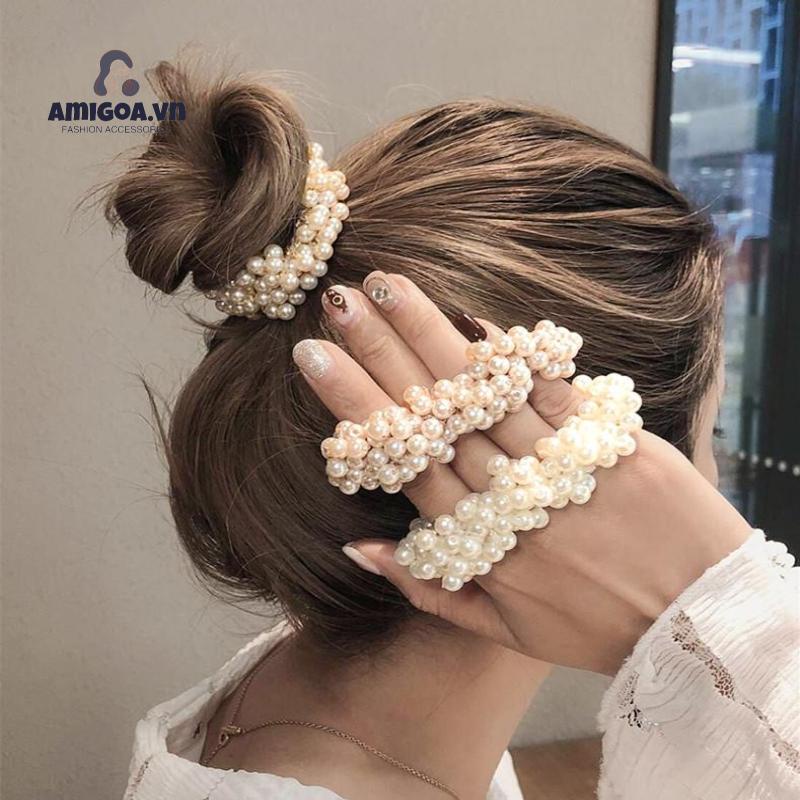 Dây Buộc Tóc Cao Su Co Giãn Đính Hạt Ngọc Trai Giả Xinh Xắn