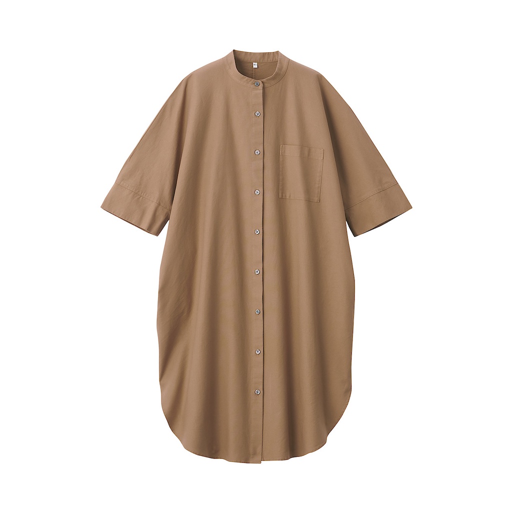 Muji Đầm Vải Oxford Cotton Tay Lửng 3/4