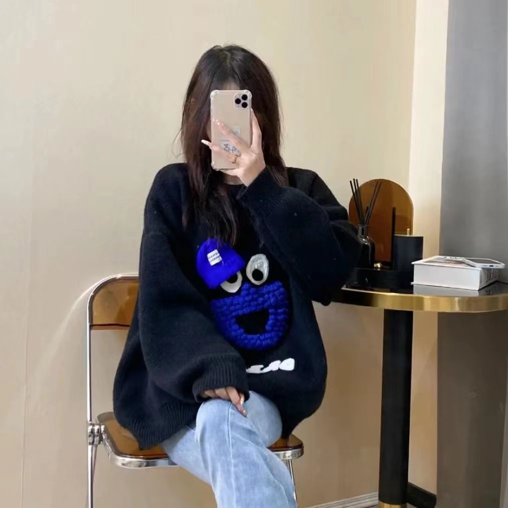 Internet celebrities popular style Klein little monster hat cartoon blue sweater autumn and winter sweater looks thin and lazy