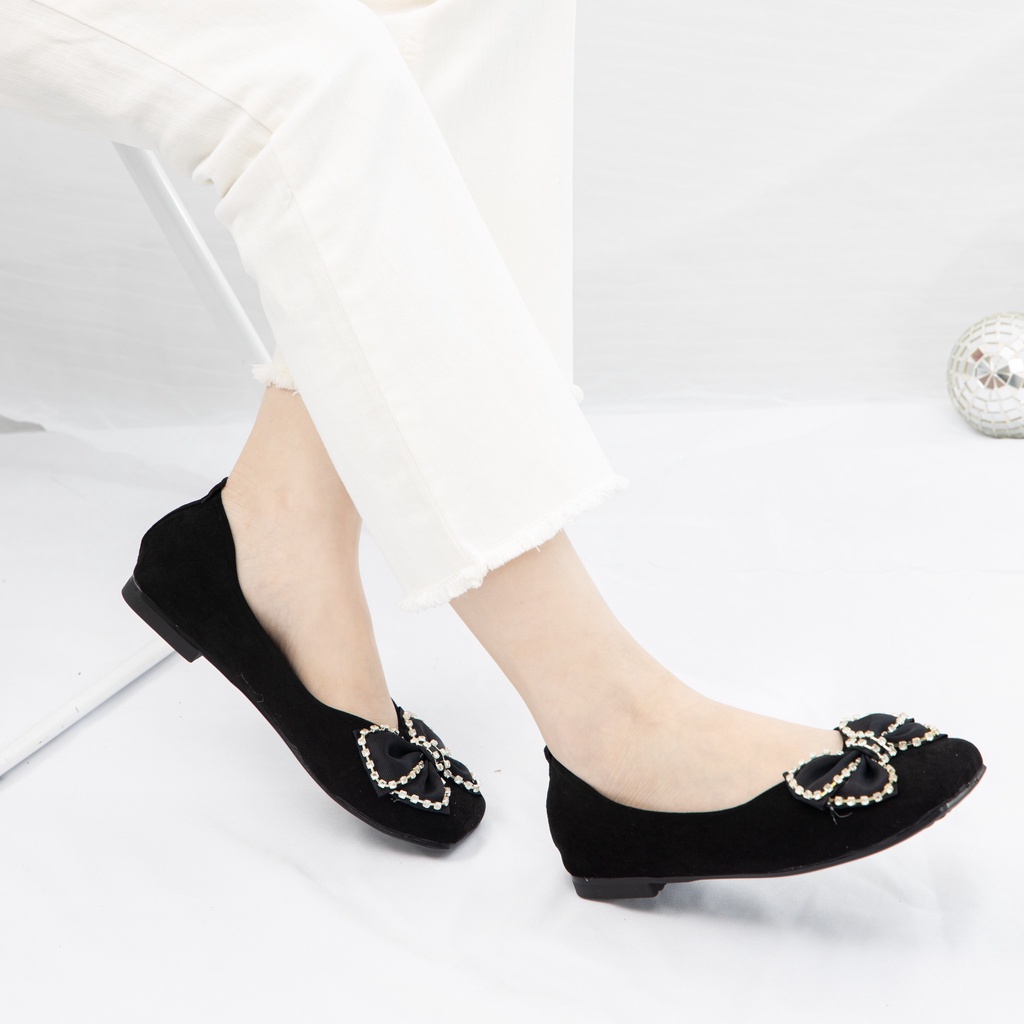 Giày MWC 2258 - Giày Búp Bê Đế, Mũi Vuông Đính Nơ Màu Đen Xinh Xắn