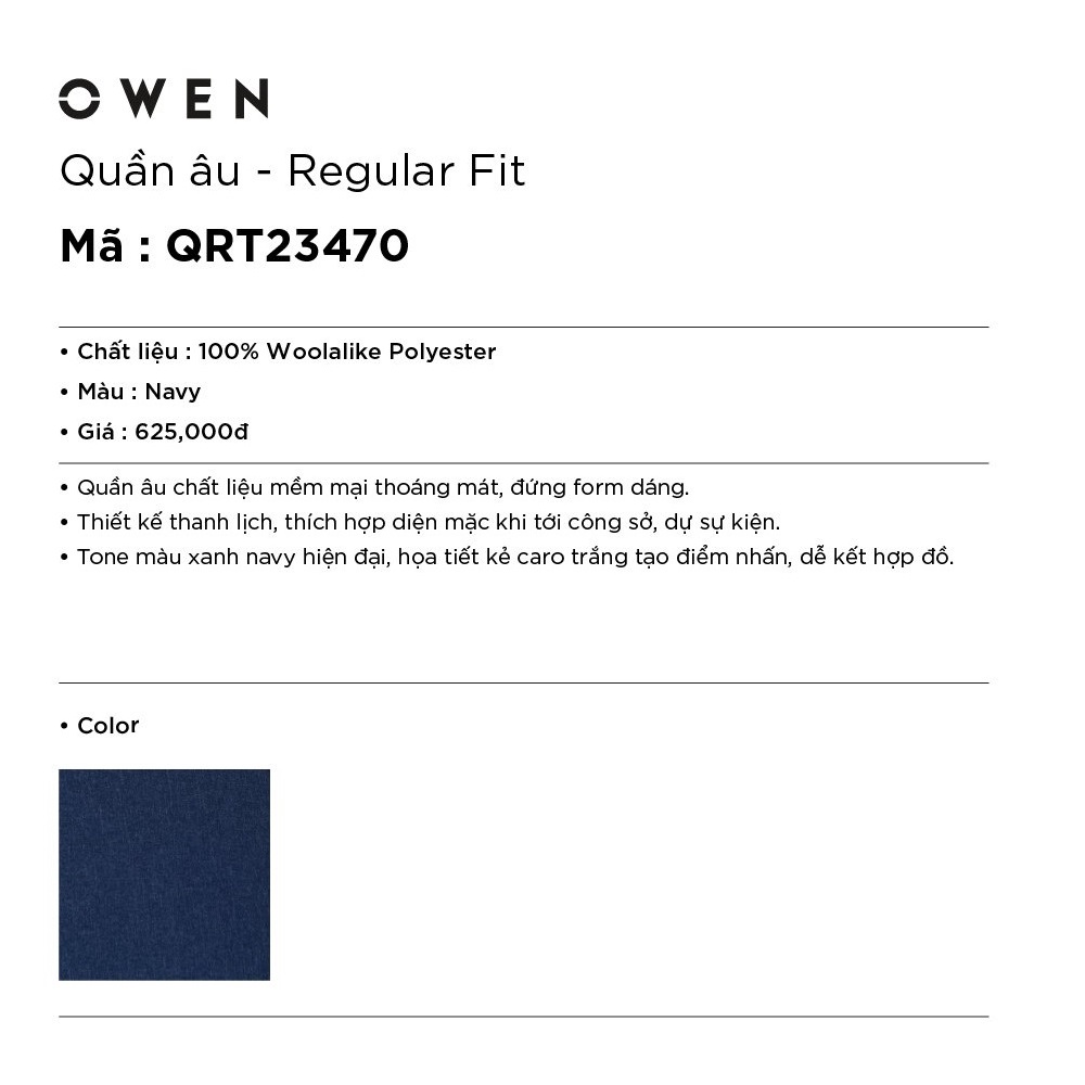 Quần Âu Nam Quần Tây Công Sở Cao Cấp Owen QRT23470 Dài Chân Dáng Suông Cạp Tăng Đơ Màu Xanh Navy Vải Polyester Mềm Mại