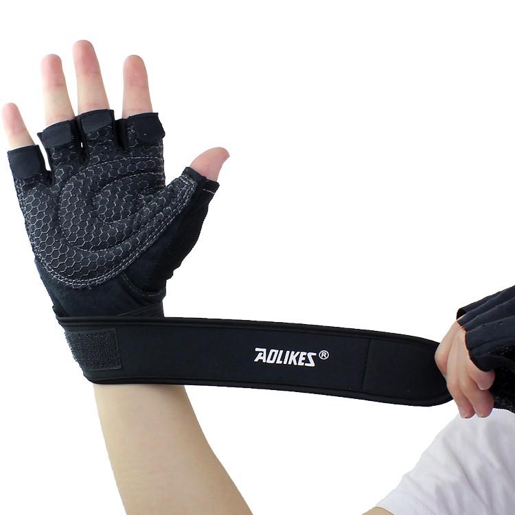 Găng tay tập gym nam nữ hỗ trợ cuốn cổ tay trợ lực xỏ ngón Aolikes TINZ|Mã TTG-15-01