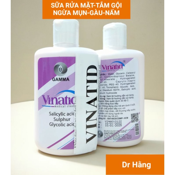 Vinatid sữa rửa mặt và tắm gội ngừa mụn ,giảm gàu ngứa ,dày sừng nang lông 150ml