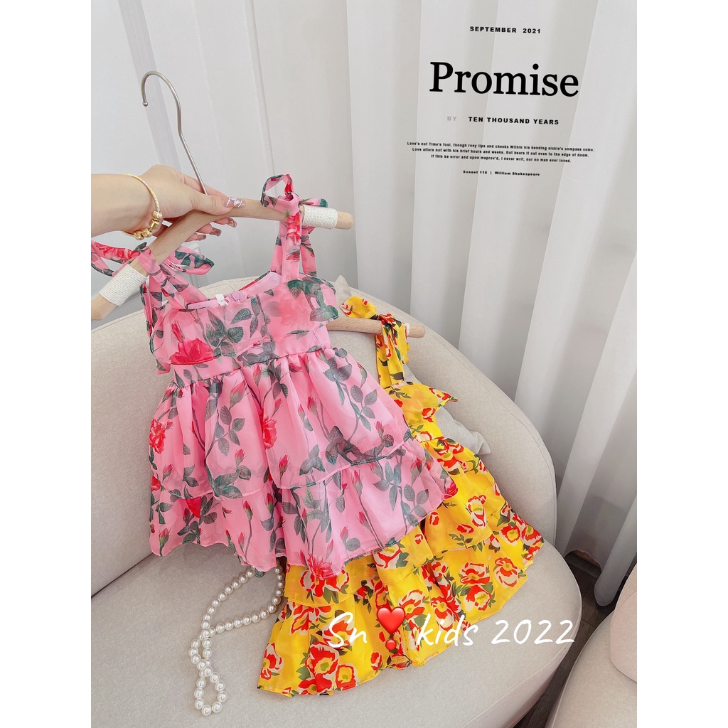 Váy công chúa bé gái, váy tơ hoa 2 dây buộc vai bèo tầng cho bé mẫu AHH2