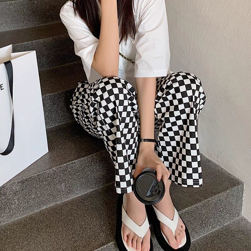 COZOK Quần dài ống rộng họa tiết caro thời trang cho nữ