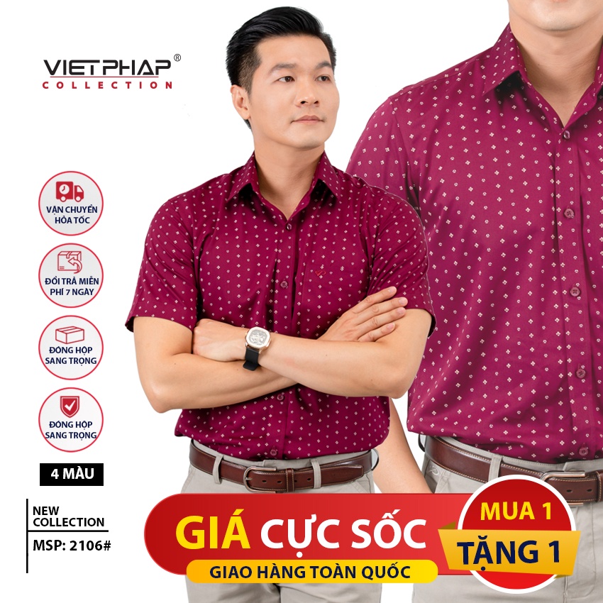 Sơ Mi Nam Tay Ngắn Vạt Ngang Cao Cấp Việt Pháp 2106 - HÀNG CHÍNH HÃNG