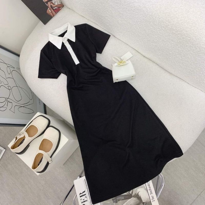 Đầm midi đen cổ viền polo trắng