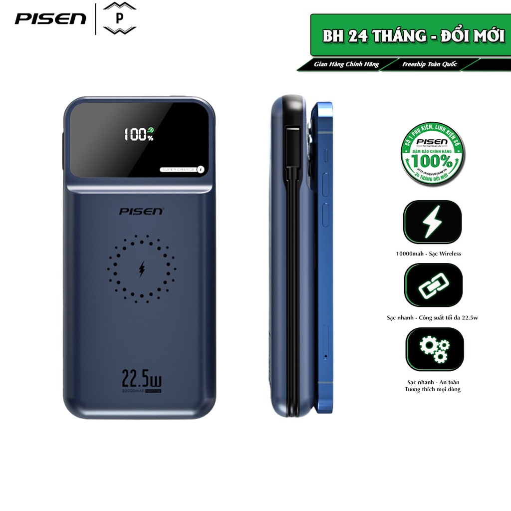 Sạc dự phòng không dây kèm cáp cao cấp PISEN QUICK C02PD 10000mAh 22.5W, hỗ trợ đa giao thức sạc nhanh ( CCY-DY11)