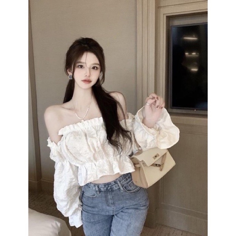 Áo bẹt vai tay bồng nhún eo xinh b5
