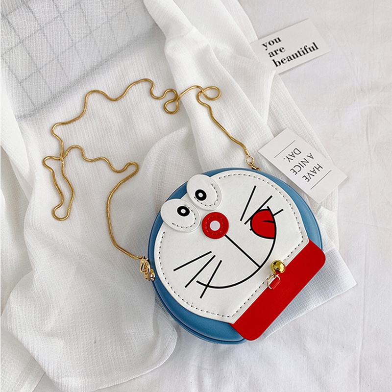 Túi PU dệt tay Doraemon con mèo robot dễ thương Túi Messenger đeo vai Dây đeo chuỗi kim loại