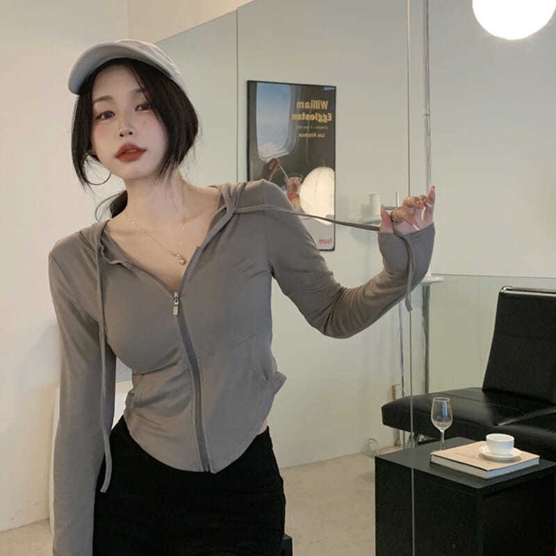 Áo khoác cardigan mỏng tay dài có nón và khóa kéo màu trơn thời trang xuân thu quyến rũ cho nữ