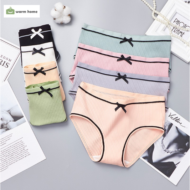 Quần Lót Cotton Màu Trơn Thoáng Khí Đính Nơ Xinh Xắn Dành Cho Nữ