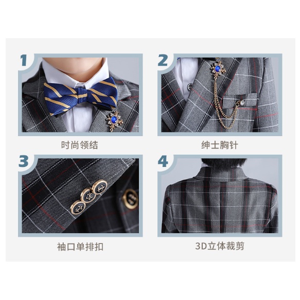 Bộ vest bé trai cao cấp kẻ xám cho bé đi dự tiệc TQB057 gồm 3 chi tiết (áo ghile + áo vest + quần tây) tặng kèm nơ