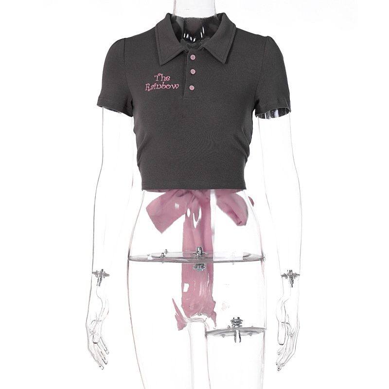 Áo Thun Tay Ngắn Cổ Polo Thêu Chữ Phối Dây Ruy Băng Thắt Nơ Thời Trang Cho Nữ