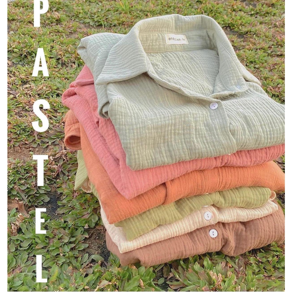 Áo Sơ Mi Nhăn Pastel PEONYB Nữ [FREESHIP]  Thun form rộng vintage màu TRẮNG | HỒNG | BE | XANH Ulzzang