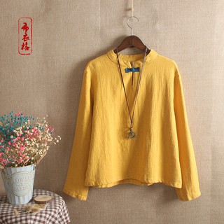 Áo kiểu thu đông nữ AKira dài tay cổ trụ vải đũi dày phong cách Nhật Bản