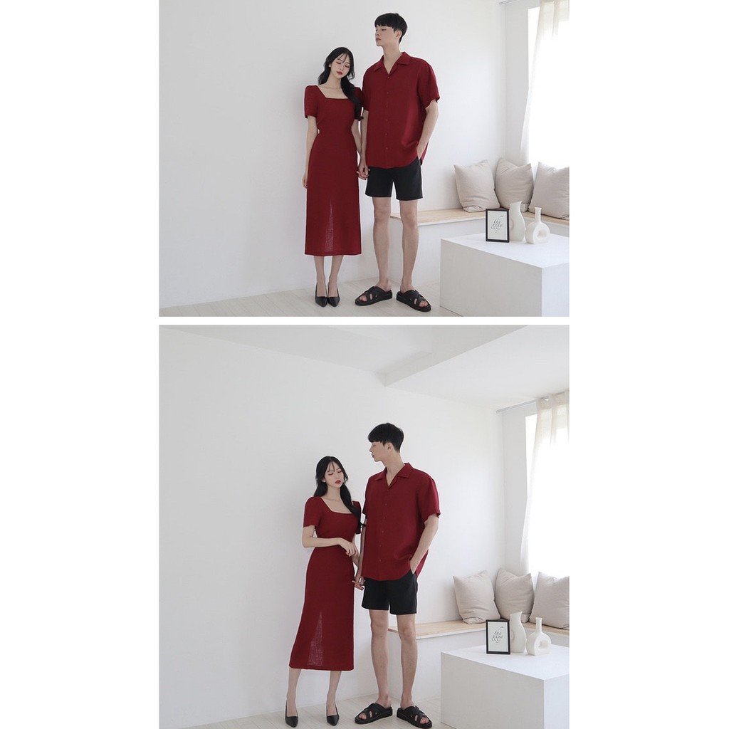 Áo đôi nam nữ ❤️FREESHIP❤️ Áo váy đôi sơ mi đầm xẻ tà thắt eo dễ thương chụp ảnh đi biển đỏ cổ vuông