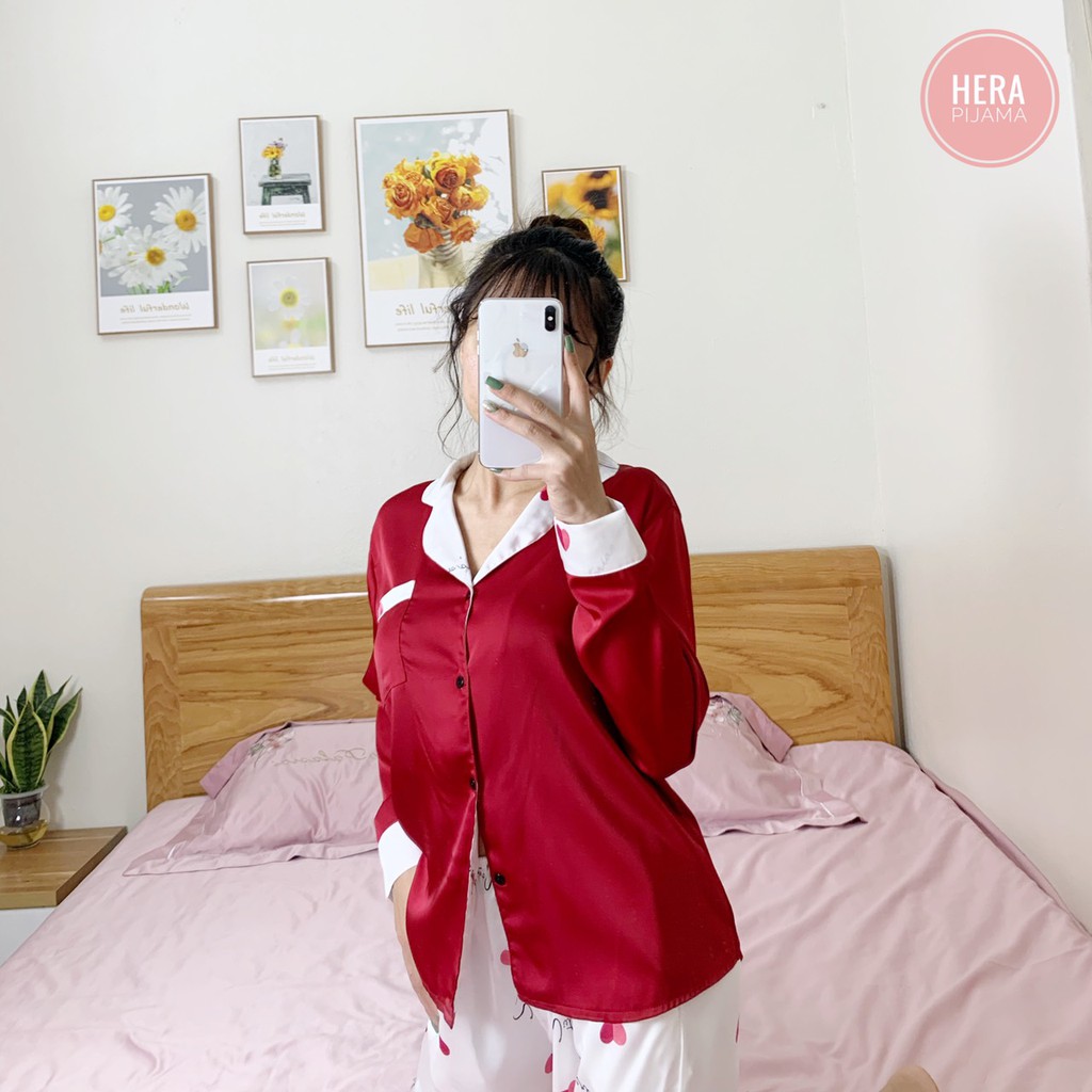 Kiểu Đồ Bộ Đẹp, Đồ Bộ Đẹp Áo Dài Tay Lụa Hàn Cao Cấp Phối Tim Nhỏ Trắng  - Hera Pijama