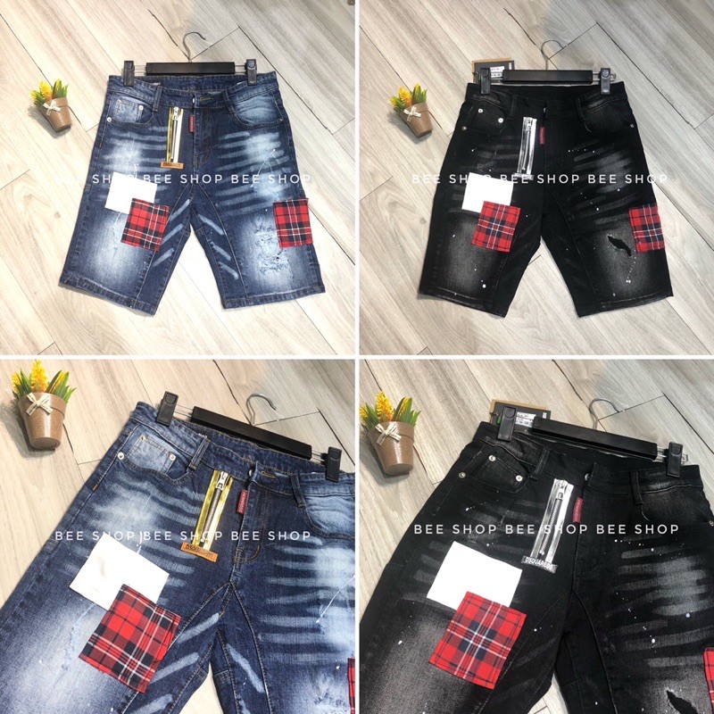 Quần bò ngố nam Dsq vá trắng đỏ , quần jean nam, quần short bò - Bee Shop