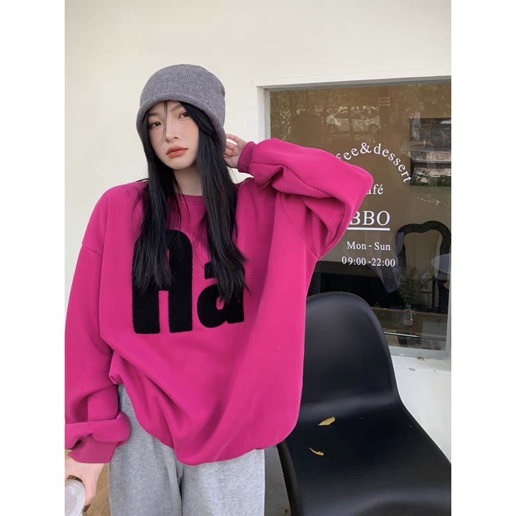 Áo hoodie oversize hồng dày chữ to cá tính thời thượng