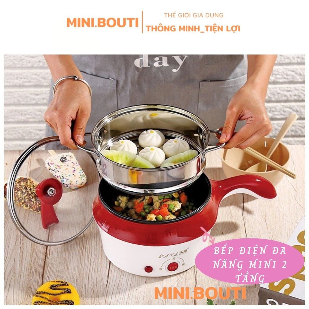 Nồi Lẩu Mini MINIBOUTI Nồi Lẩu Điện Mini Hai Tầng Nồi Lẩu Mini Điện Đa Năng Kèm Hấp Rán Chiên Có Bảo Hành