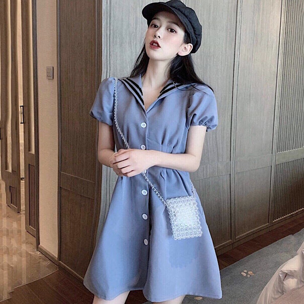 DX198 - Đâm Xòe Xám Xanh Sơ Mi Tay Phồng