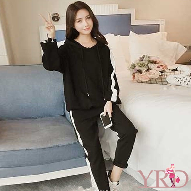 Bộ áo hoodie + quần dài thể thao cùng màu trẻ trung cho nữ