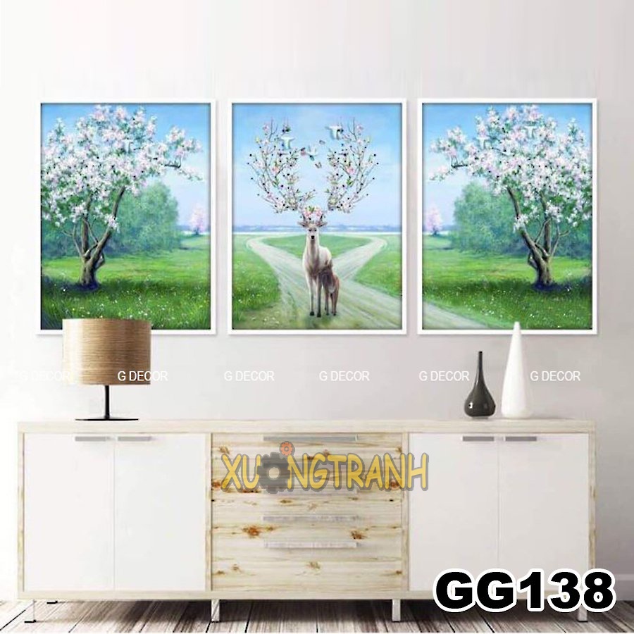Tranh treo tường canvas 3 bức phong cách Bắc Âu 64, tranh hươu tài lộc trang trí phòng khách, phòng ngủ, phòng ăn, spa.
