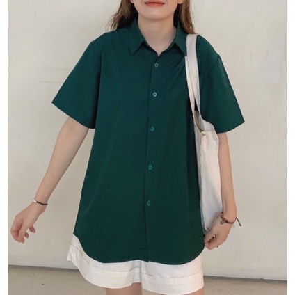 Áo sơmi trơn tay lỡ unisex VẢI KAKI màu XANH LÁ có túi Nam nữ unisex  Áo Sơ Mi Basic form rộng style Ulzzang - JEJUL
