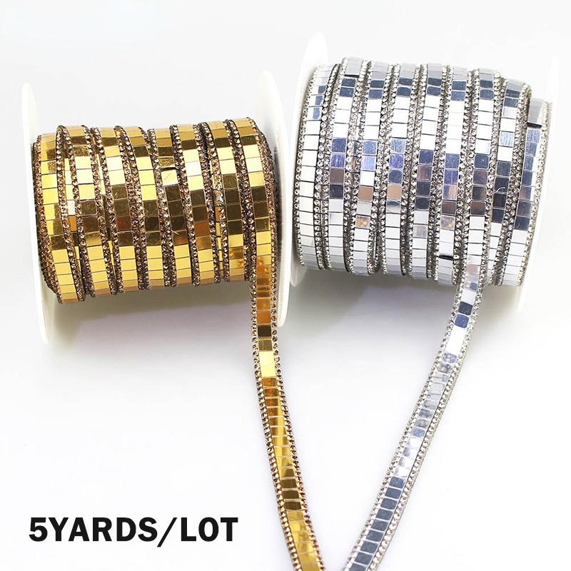 Cuộn dây ruy băng đính đá pha lê 5yards/màu vàng/bạc dành cho trang trí giày/quần áo