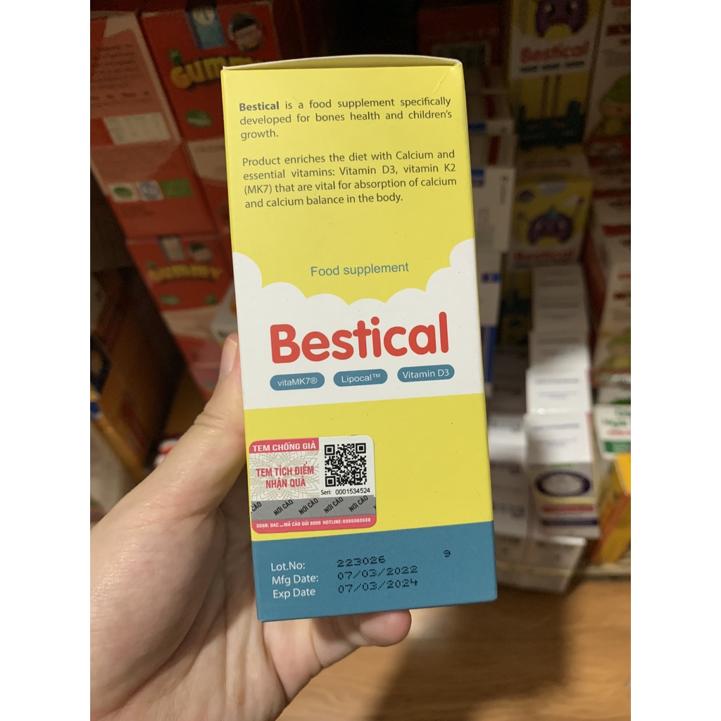Canxi Bestical vitamin d3k2, canxi sinh học, bổ sung canxi, d3k2 xương răng chắc khỏe chai 120ml chính hãng