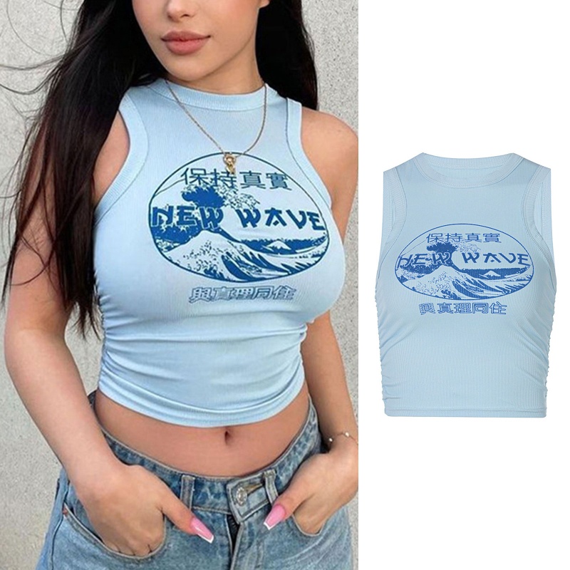 Brroa Áo Crop Top Dệt Kim Không Tay Dáng Ôm In Nhân Vật Hoạt Hình Trung Hoa Có Gân Cho Nữ Aesth