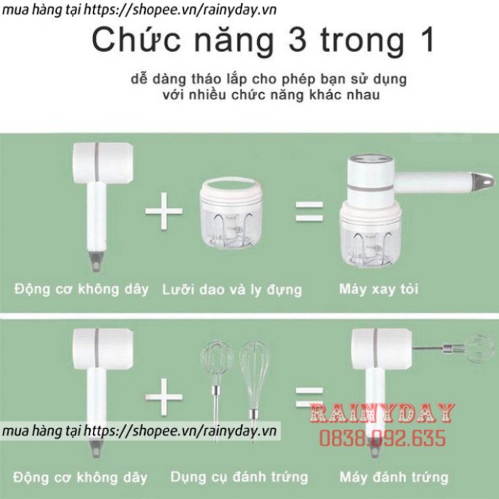 Máy đánh trứng cầm tay mini kiêm máy xay thịt đa năng sạc tích điện xay tỏi ớt, rau củ đa năng