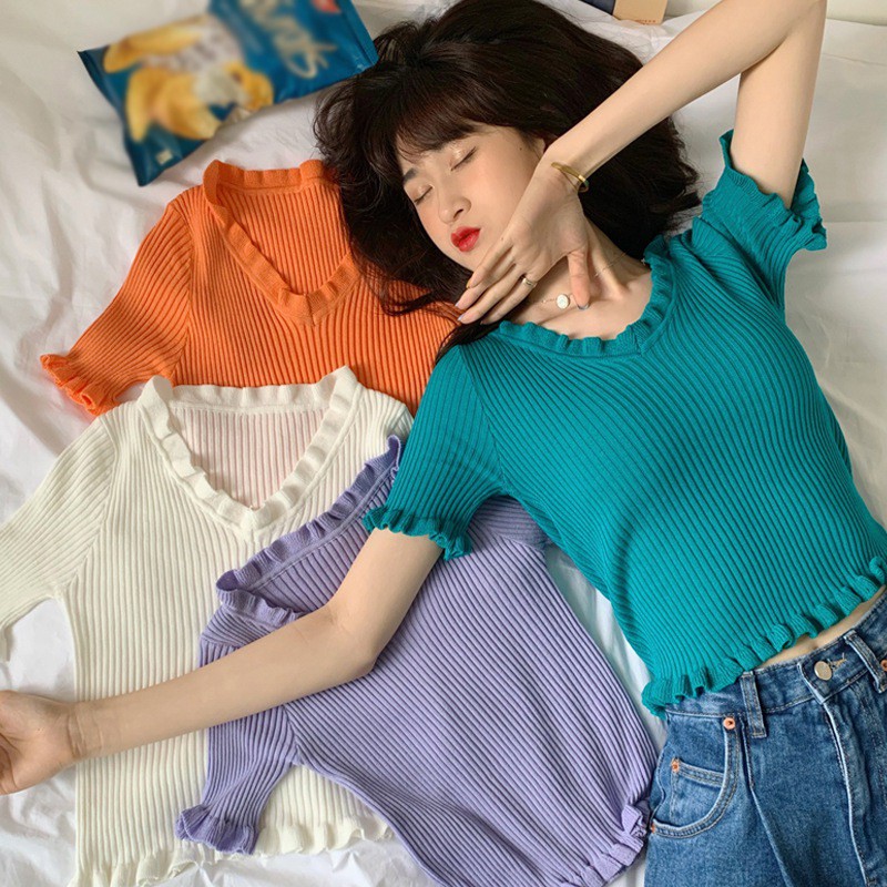 Áo Len Nữ Tay Ngắn Cổ Chữ V Thời Trang Quyến Rũ