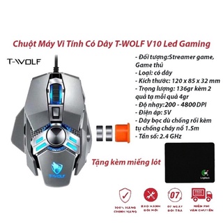 Chuột máy tính có dây chuyên GAME T-Wolf V6 PRO Full Led, Chuột gamming siêu nhạy chỉnh 800 - 3200DPI, Đế di kim loại