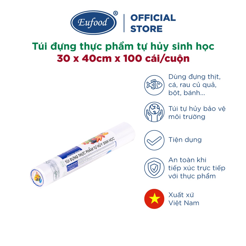 Túi Đựng Thực Phẩm Tự Hủy Sinh Học 30 x 40cm (100 Cái/Cuộn) - Túi Chịu Nhiệt, Bảo Vệ Môi Trường, An Toàn Cho Sức Khỏe