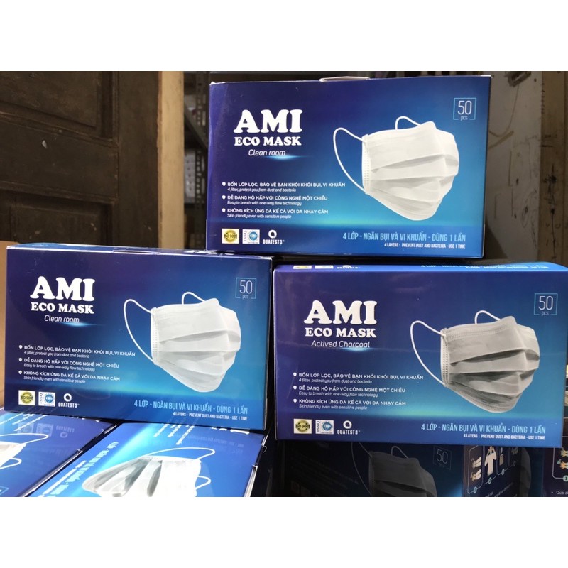 Hộp Khẩu Trang Y Tế AMI 4 Lớp, Có Lớp Than Hoạt Tính (Hộp 50 chiếc)