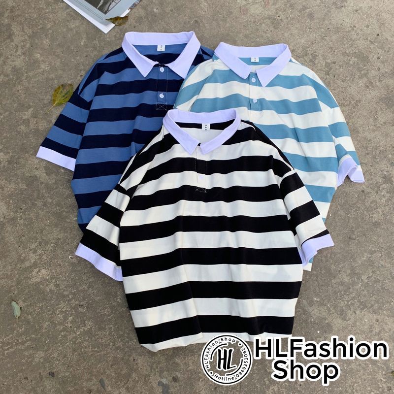 Áo polo thun cổ trụ Unisex sọc ngang to bản lịch sự đơn giản, áo thun có cổ HLFashion | BigBuy360 - bigbuy360.vn