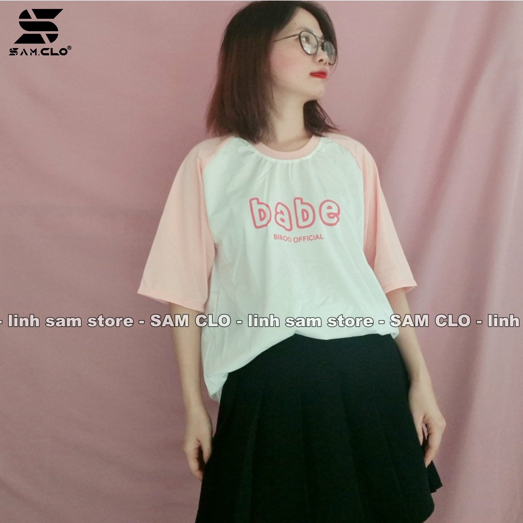 Áo thun nữ tay lỡ SAM CLO freesize phông form rộng dáng Unisex, mặc lớp, nhóm, couple phối tay chữ BABE