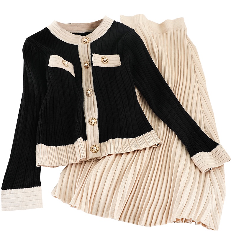 Set len dệt kim, đầm len dệt kim áo cardigan cài cúc + chân váy len dáng xòe Đ854