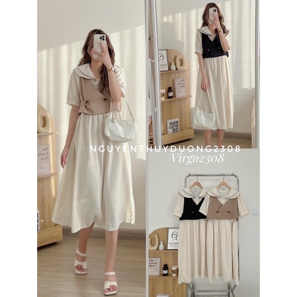 [HÀNG SẴN]SET VÁY CỔ SEN 2 TẦNG MIX GILE style Ulzzang