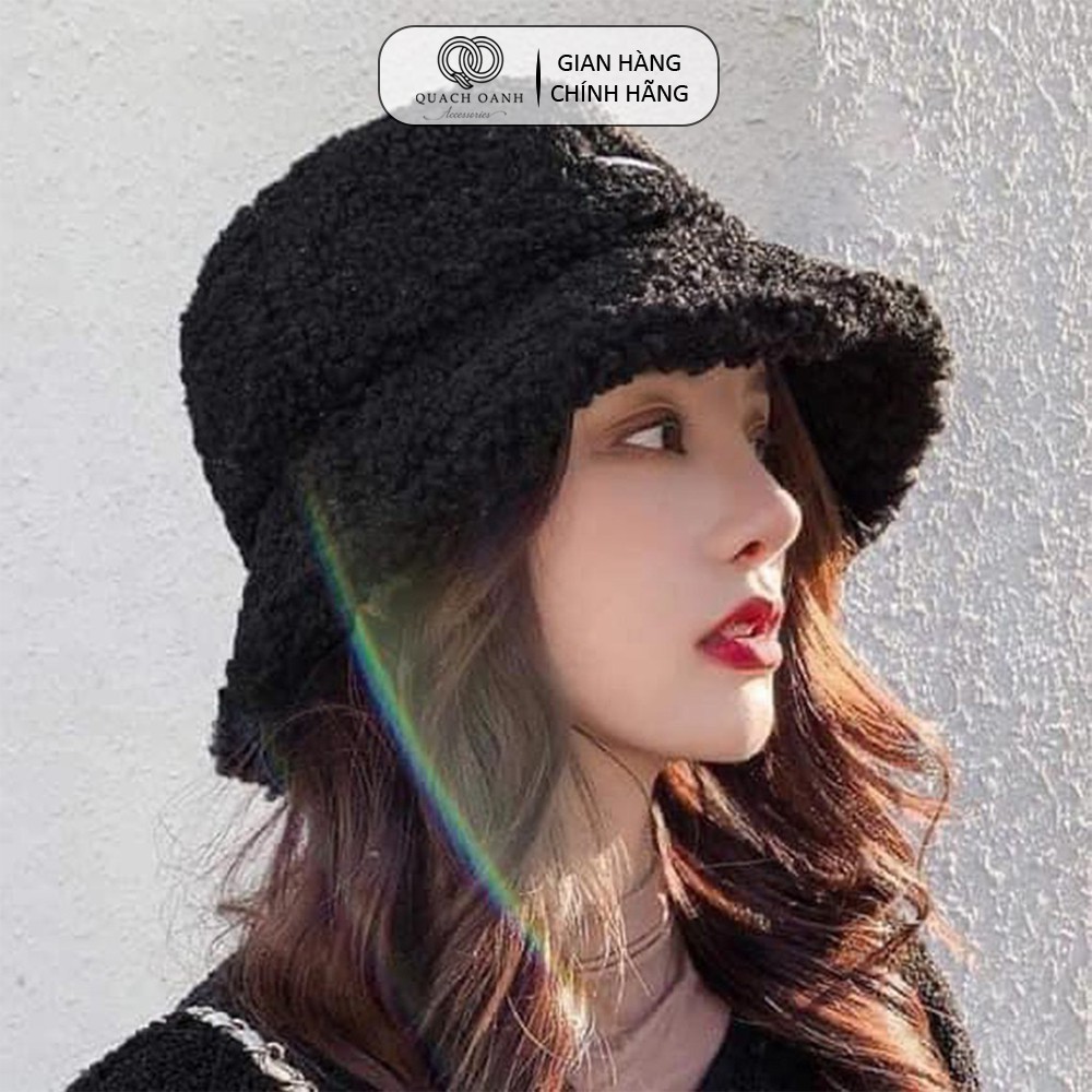 Mũ lông cừu bucket QO ACCESSORIES đính chữ phong cách Hàn Quốc MU04