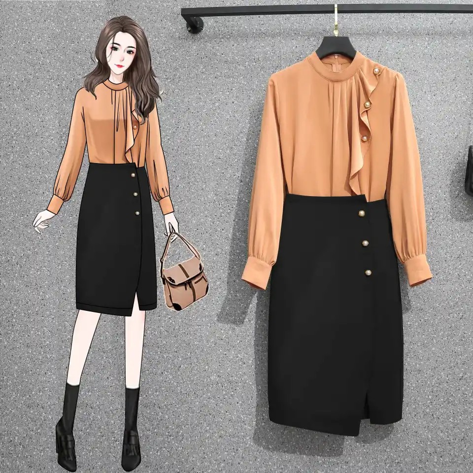 🌸Hàng Order🌸Sét Bigsize Áo Sơ Mi Phối Bèo Đính Ngọc Phối Chân Váy Bút Chì Sẻ Tà Công Sơ Nữ Tính🌸Hàng Quảng Châu