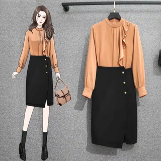 🌸hàng order🌸sét bigsize áo sơ mi phối bèo đính ngọc phối chân váy bút chì sẻ tà công sơ nữ tính🌸hàng quảng châu
