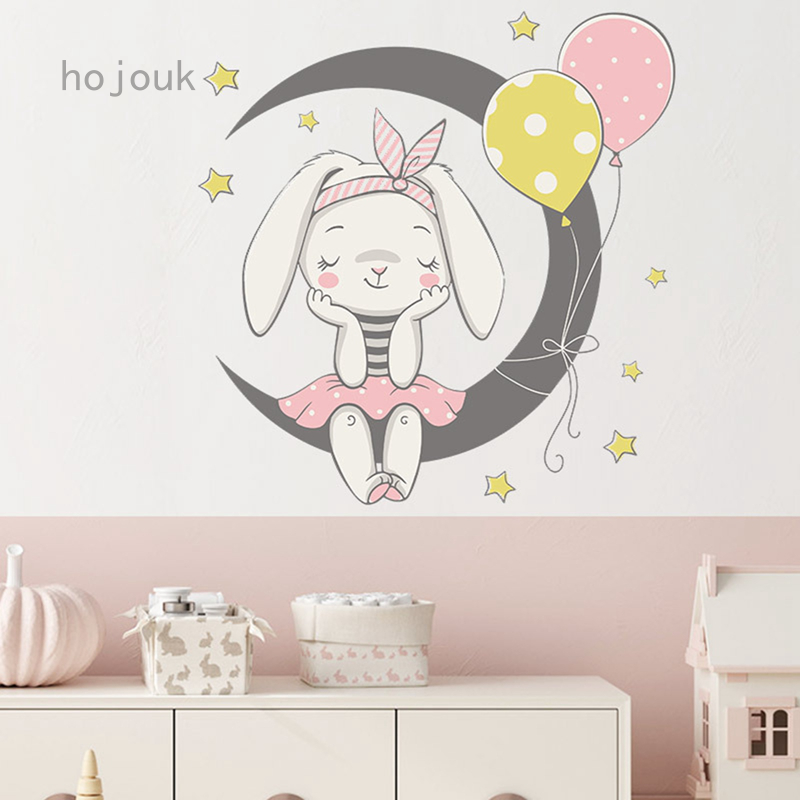 Sticker Dán Tường Họa Tiết Hình Con Thỏ Và Ngôi Sao Theo Phong Cách Hoạt Hình Dùng Trong Trang Trí Phòng Ngủ Cho Trẻ