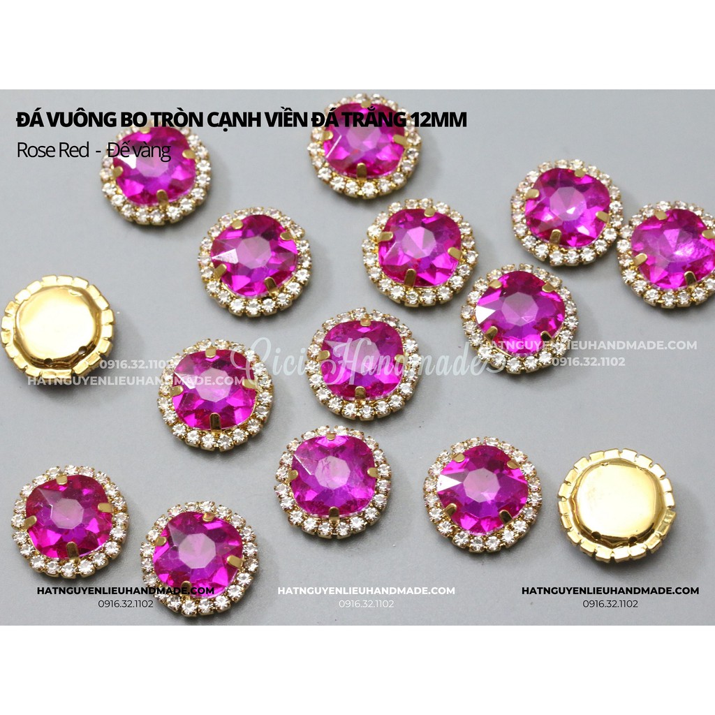 Đá vuông bo tròn cạnh viền đá trắng đế vàng 12mm Cici Handmade chuyên hạt đá hạt pha lê hạt cườm hạt trang sức tự làm