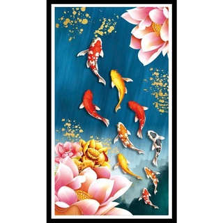 [ Ảnh thật ] Tranh thêu chữ thập cửu ngư hoa sen 70*120cm chỉ lụa/chỉ cotton