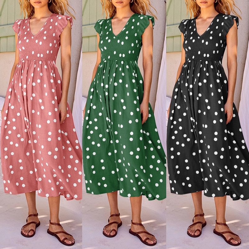 Zanzea Đầm Nữ Cổ Chữ V Tay Xếp Nếp Họa Tiết Chấm Bi Phong Cách Châu Âu