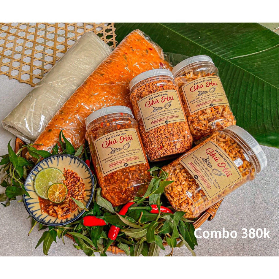 Combo 380k: Bánh tráng dẻo ớt, bánh tráng phơi sương, sốt, muối Tây Ninh, hành phi, tỏi phi